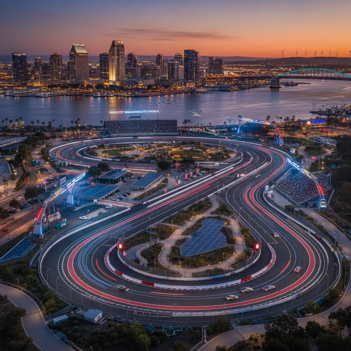 Panoramic view of San Diego's skyline with a prepared NASCAR racetrack.