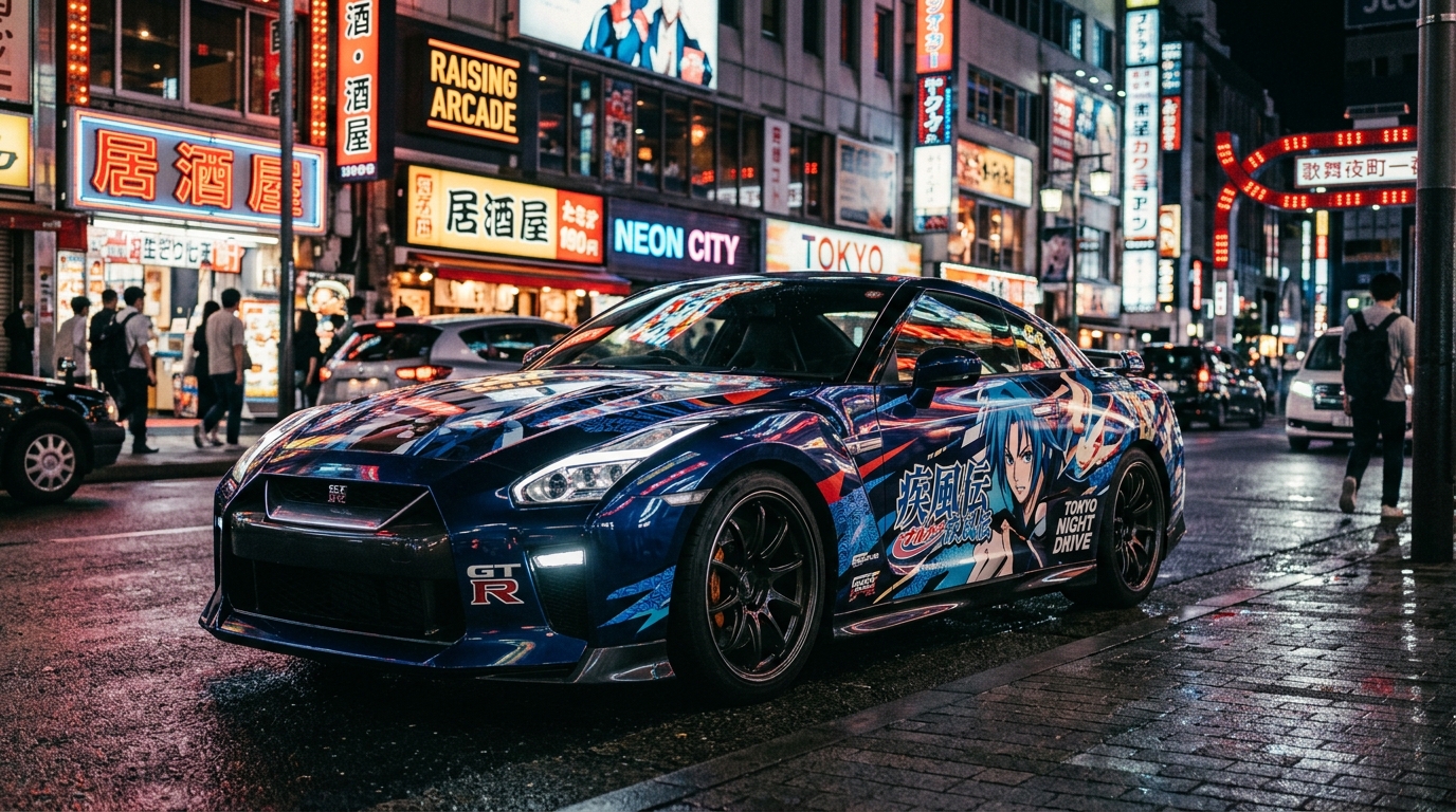 Subtle itasha anime car culture featuring custom graphics on sports coupe in Tokyo