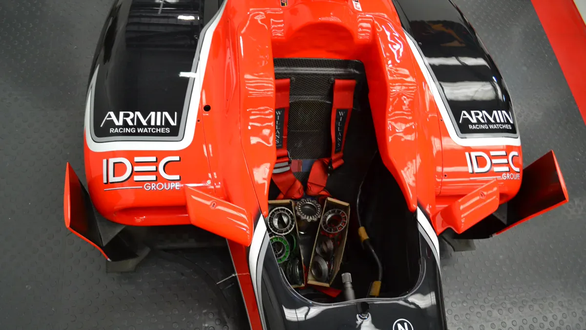 Interior view of Formula One single-seater cockpit showing channels for f1 cockpit heat cooling