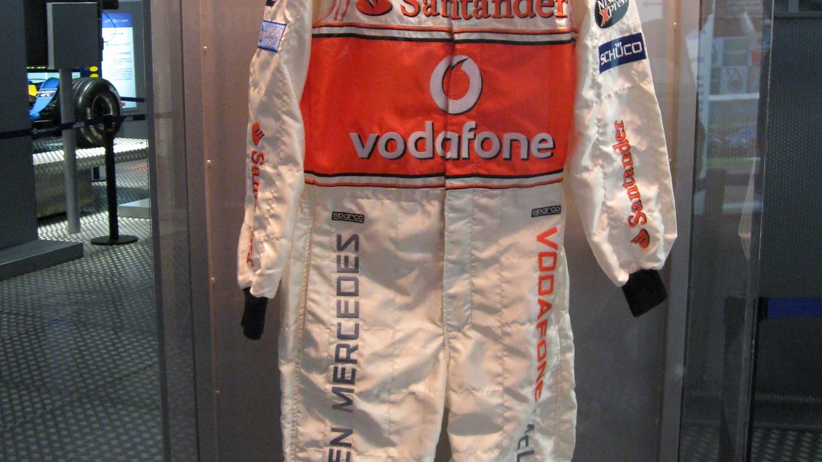 Open Wheel Racing Driver Suit Details Close-up of open-wheel driver racing suit collar and upper chest sponsor badge layout