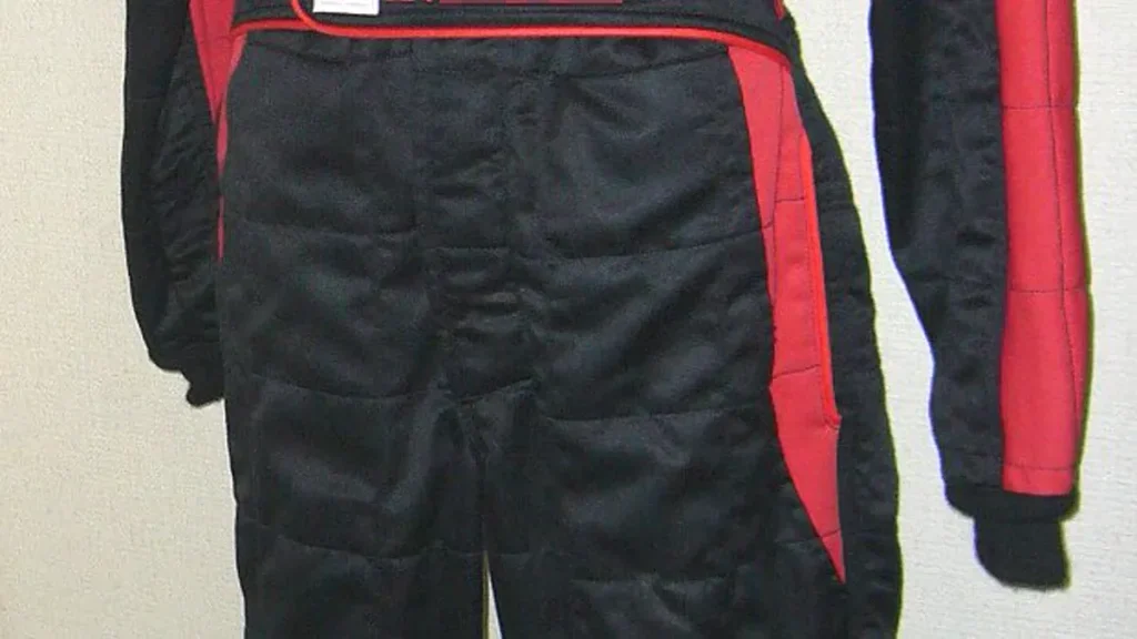 Full-length race car driver costume suit displaying zipper, collar, and sponsor patch layout